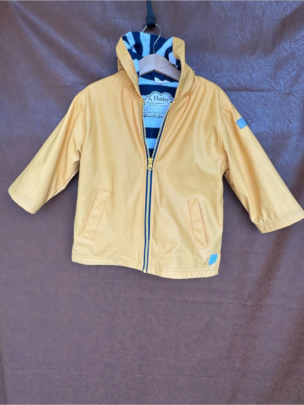 Hatley Kids Size 3 Yellow Raincoat Hooded Rain Jacket Striped Lined Boys Girls
